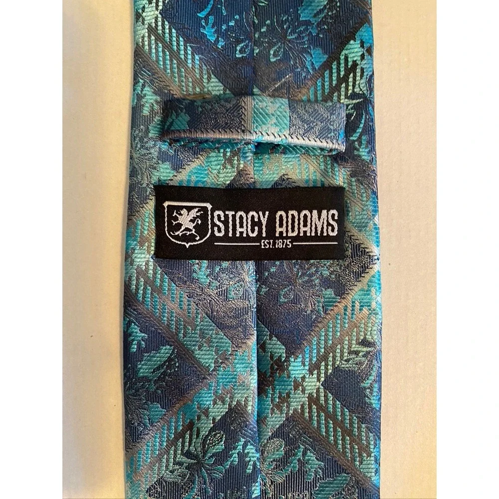 Stacy Adams Men Tie Blue Teal Geometric Plaid Floral Jacquard Silk Blend Necktie
